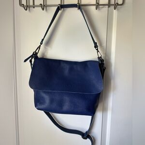 Royal blue leather shoulder/crossbody bag with flap, inner/outer pockets